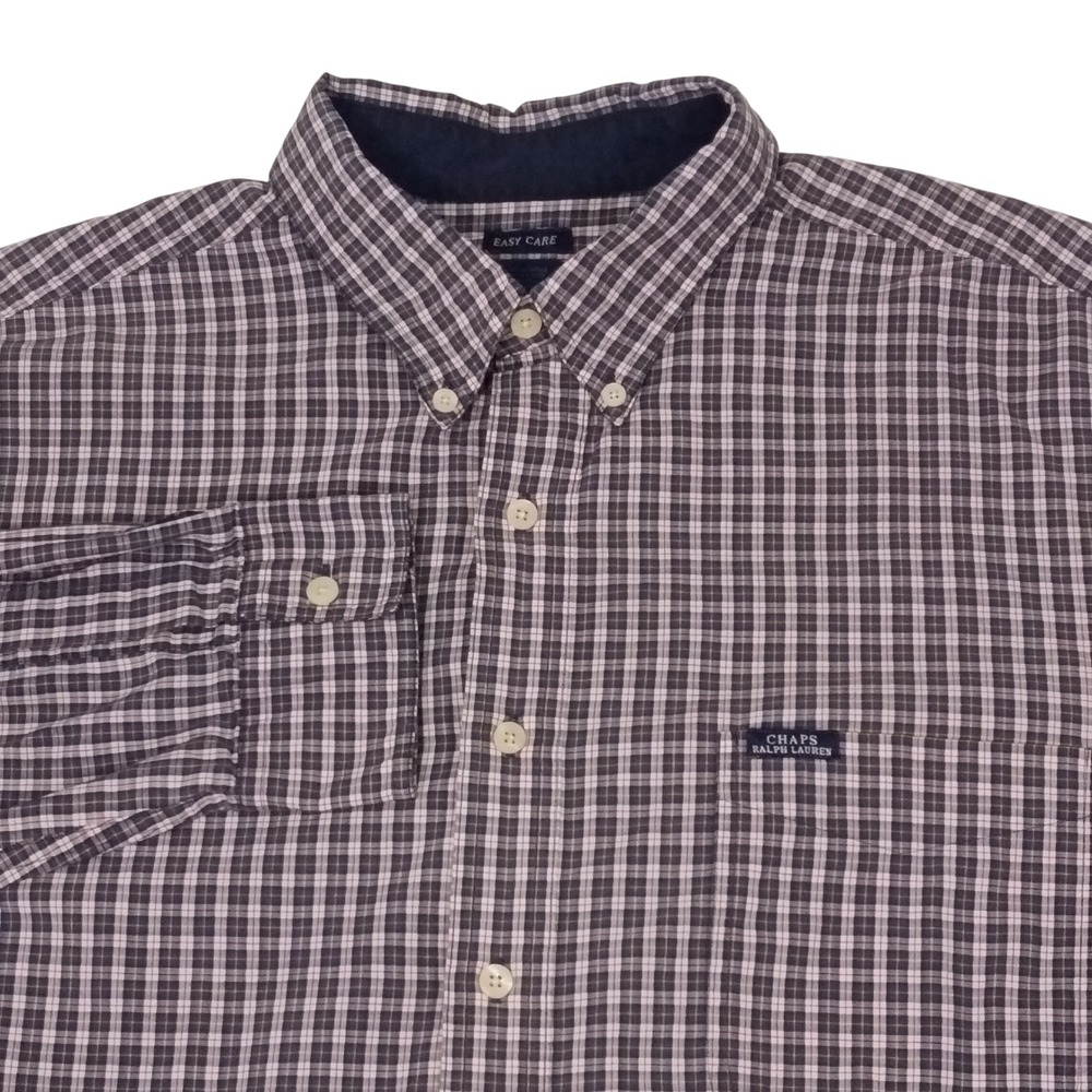 Chaps Ralph Lauren Mens XL Plaid Button Down Shirt Navy Blue Easy Care